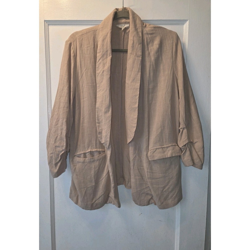 Easel Taupe Boho Cardi Blazer Jacket. Mismatched Pockets. Flowy. Ruched Arms. L